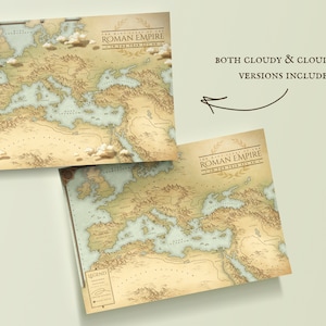 May include: Two versions of a vintage-style map of the Roman Empire in the year 117 AD. The top map features clouds, while the bottom map is cloud-free. Both maps include a legend and are printed on a parchment-like background.