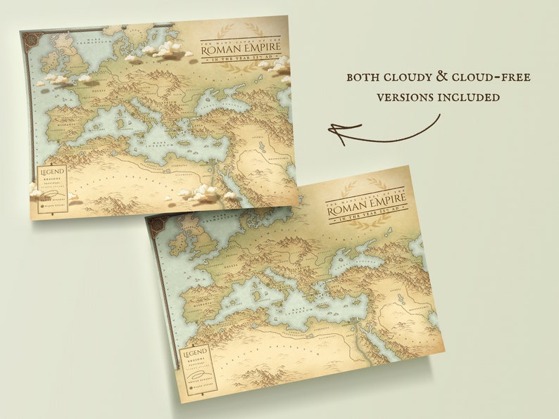 May include: Two versions of a vintage-style map of the Roman Empire in the year 117 AD. The top map features clouds, while the bottom map is cloud-free. Both maps include a legend and are printed on a parchment-like background.