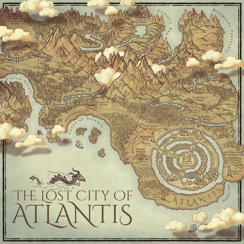 Atlantis Map Print Digital Download Atlantis Art Square Etsy Australia