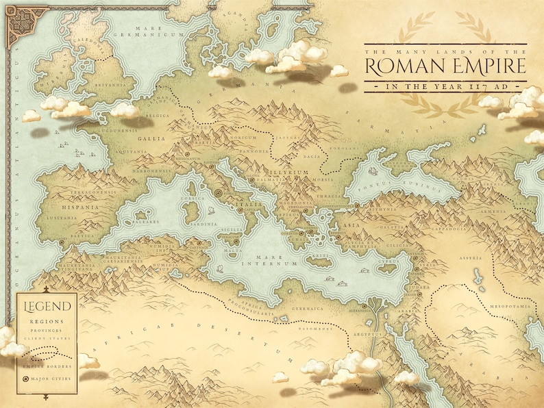 May include: A vintage-style map of the Roman Empire in the year 117 AD. The map shows the provinces, borders, and major cities of the empire. The map is drawn in a light brown and green colour scheme with a blue sea.