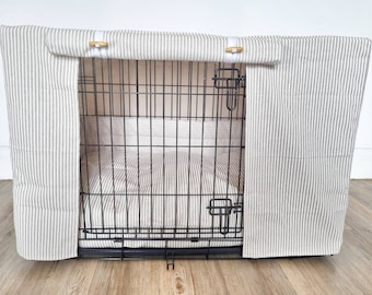 Dog crate cover - dog crate topper - crate cover - made to measure - white stripes neutral linen look design