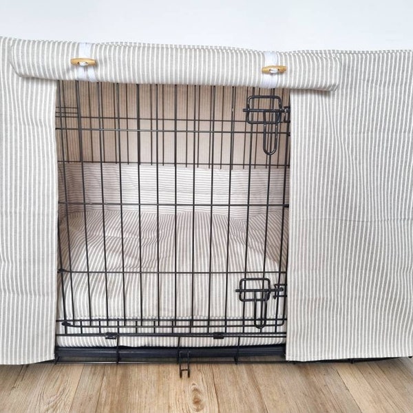 Dog crate cover - dog crate topper - crate cover - made to measure - white stripes neutral linen look design