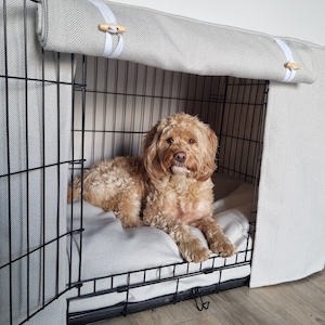 Herringbone dog crate cover - made-to-measure - neutral herringbone wool effect