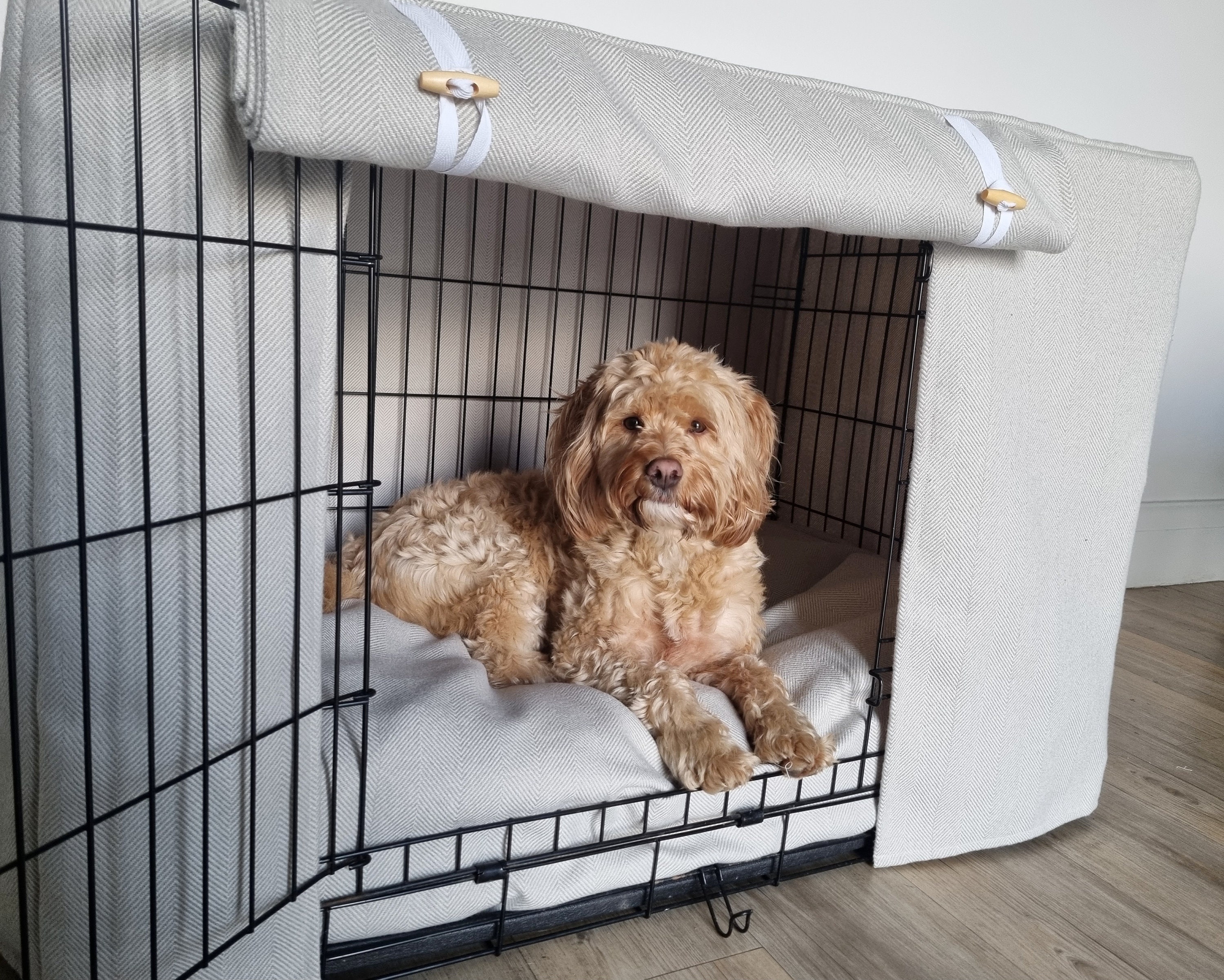 Housse de cage pour chien sur mesure effet laine chevrons neutre -   France