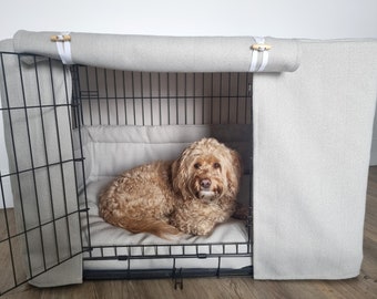 Dog crate cover, bumper and bed - three-piece set - made-to-measure -  herringbone wool effect - grey/cream/duckegg/natural