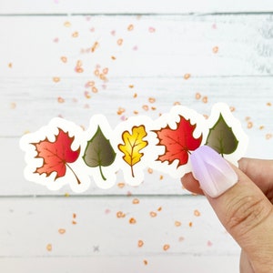 May include: A sticker sheet featuring five autumn leaves in a variety of colours, including red, orange, yellow, and green. The leaves are arranged in a row and have a white outline.