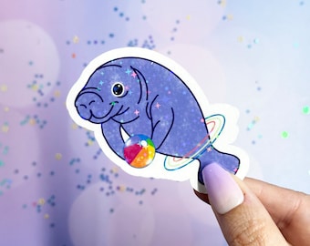 Manatee Sticker For Water Bottle, Sea Cow Sticker, Manatee Gifts, Ocean Animal Decal, Manatee With Beach Ball, Cute Stickers, Marine Biology