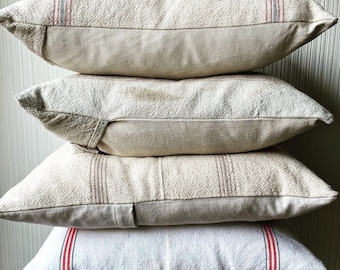 Vintage Grain Sack Pillow Cover: Handmade Primitive Decor, 18"