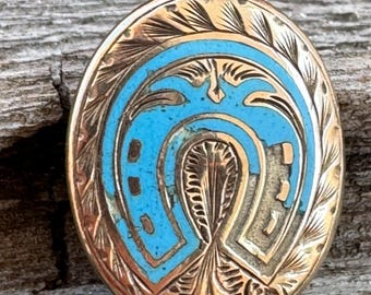 Victorian antique pendant/locket with blue enamel horseshoe with a window on the reverse. 1.7 gr 2.5 cm