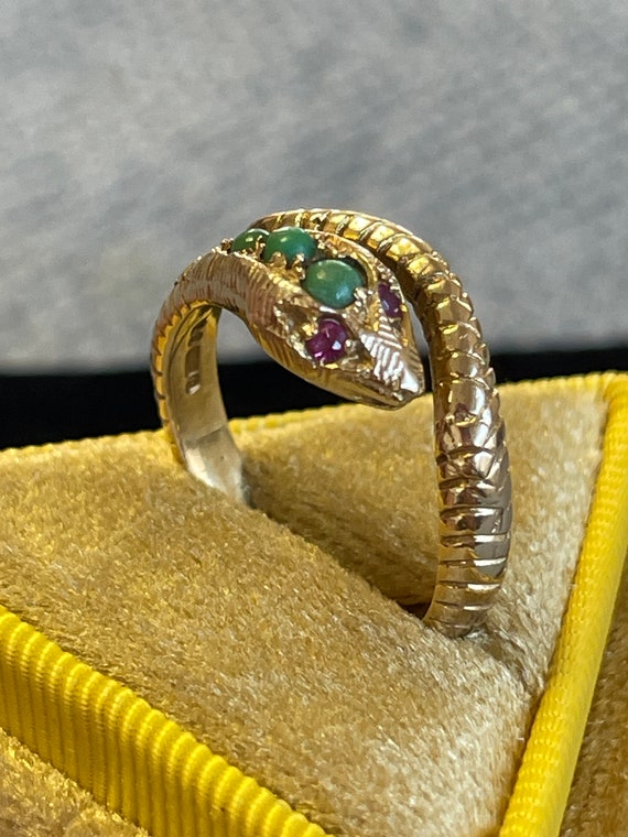 Vintage turquoise snake, serpent ring with ruby ey