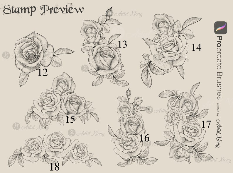 Realistic Roses and Designs Stamp Brushes for Procreate - Etsy