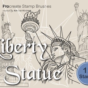 以下が含まれることがあります： 自由の女神のイラストが描かれた、白黒のProcreateスタンプブラシ12本セット。画像には「Liberty Statue」と「12 Stamps」のテキストが含まれています。