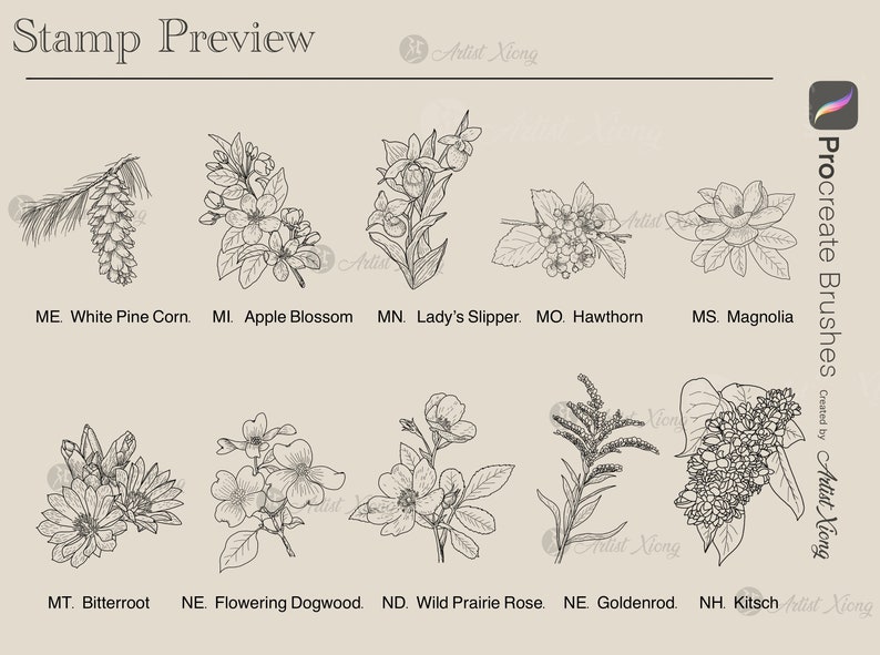 50 USA State Flower Stamp Brushes for Procreate - Etsy