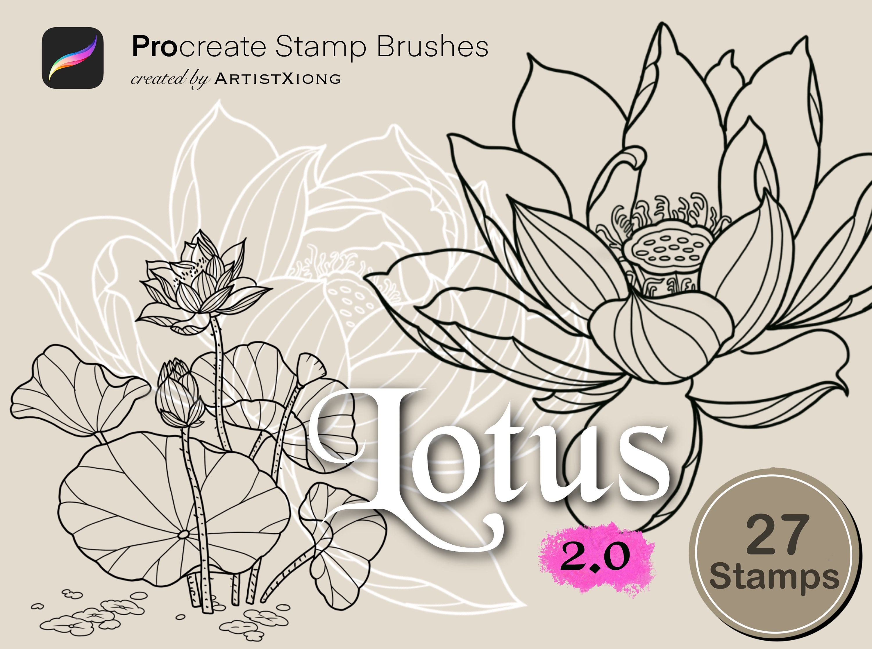 SAVE 30% for 3 ITEMS 12 Procreate Stamps Lotus Procreate 