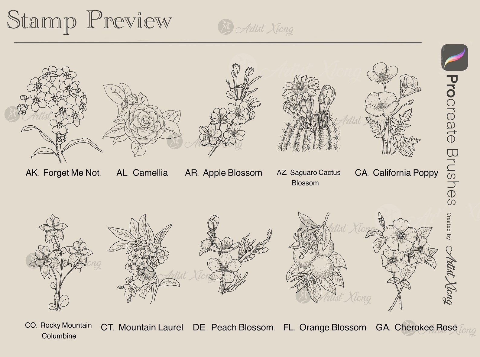 50 USA State Flower Stamp Brushes for Procreate - Etsy