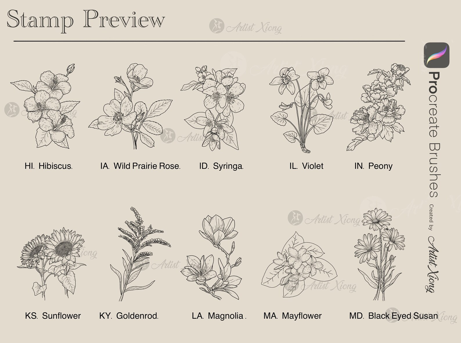 50 USA State Flower Stamp Brushes for Procreate - Etsy