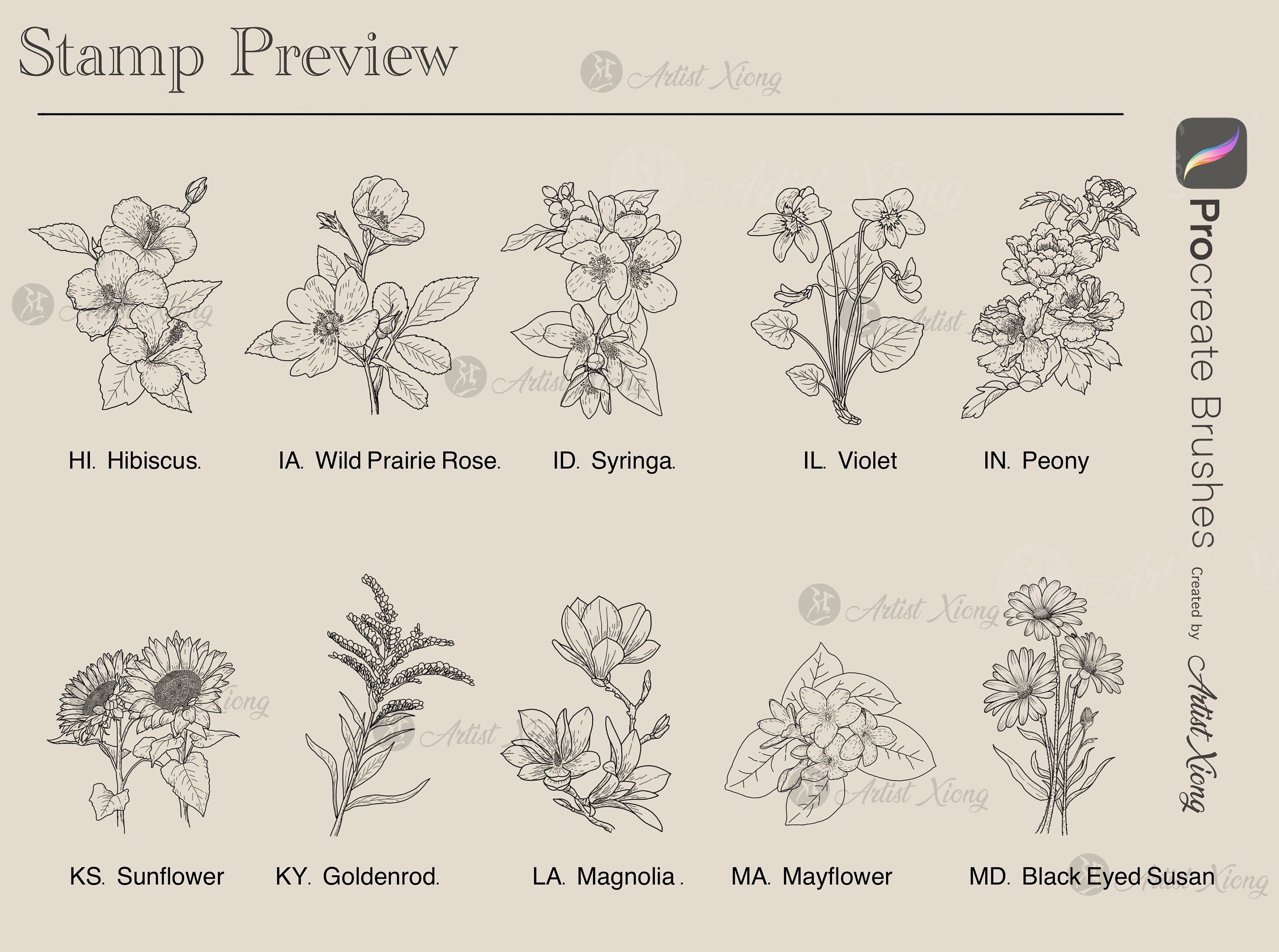 50 USA State Flower Stamp Brushes for Procreate - Etsy