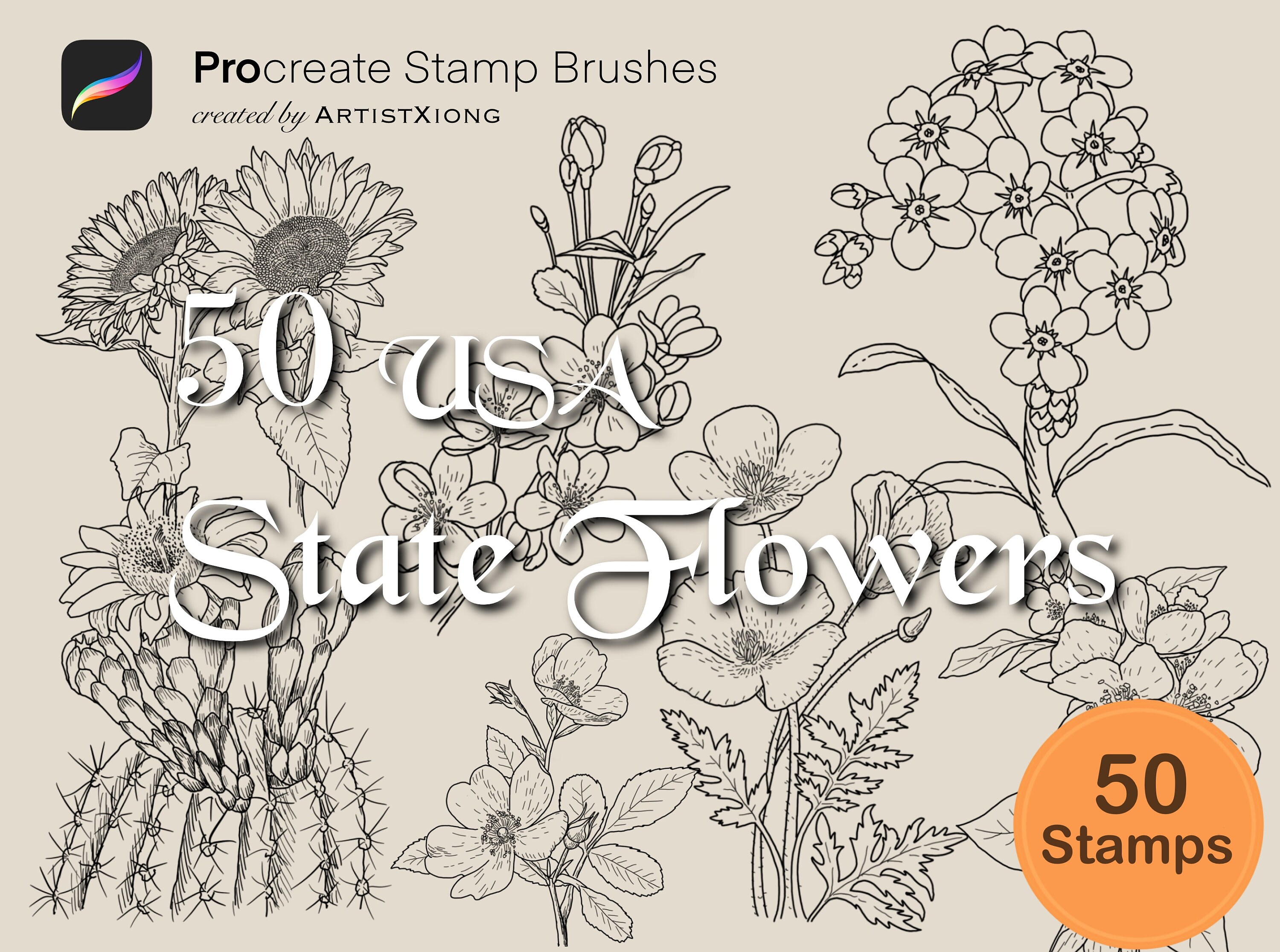 50 USA State Flower Stamp Brushes for Procreate - Etsy