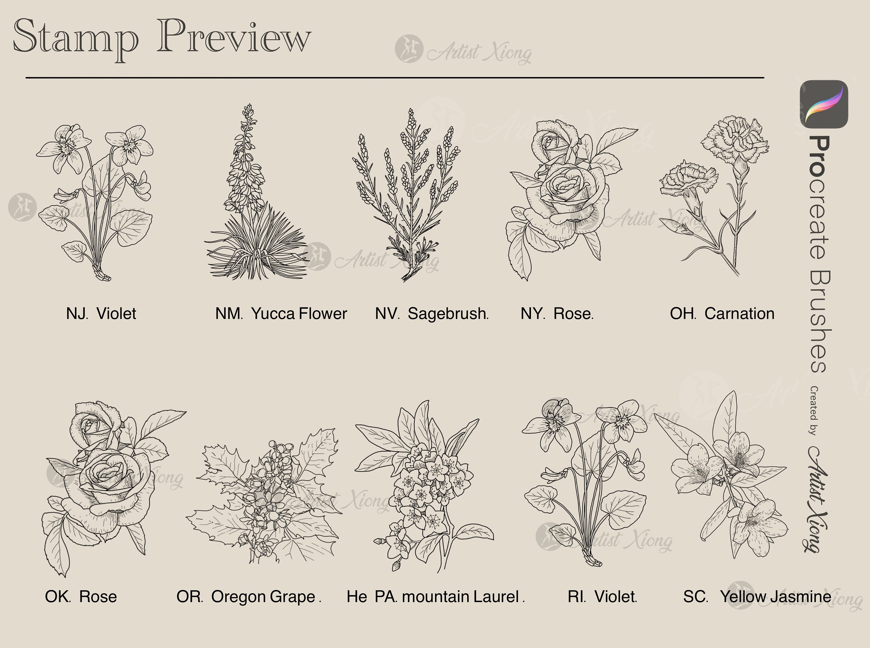 50 USA State Flower Stamp Brushes for Procreate - Etsy