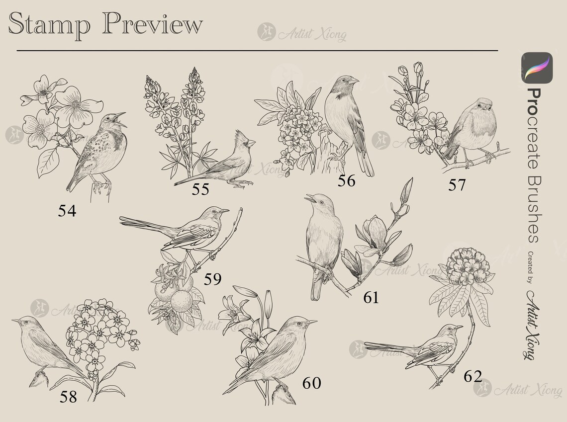 Realistic Bird and Flower Stamp Brushes for Procreate - Etsy