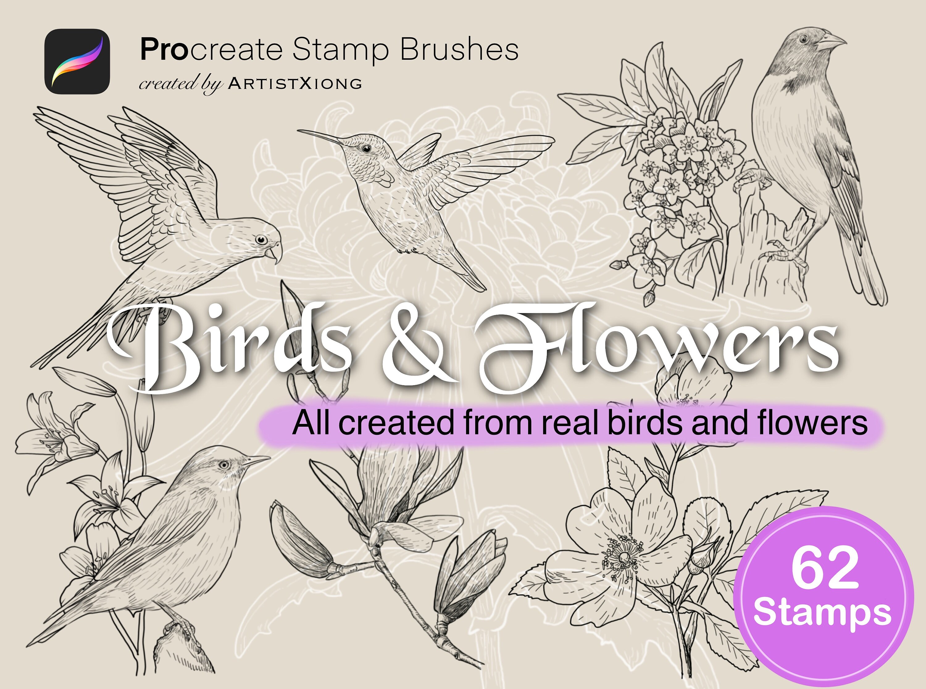 Realistic Bird and Flower Stamp Brushes for Procreate - Etsy