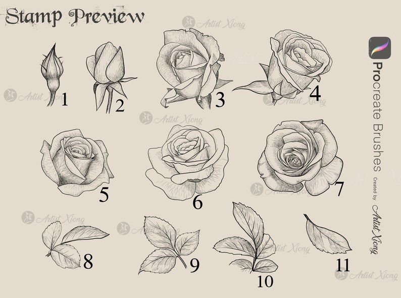 Realistic Roses and Designs Stamp Brushes for Procreate - Etsy