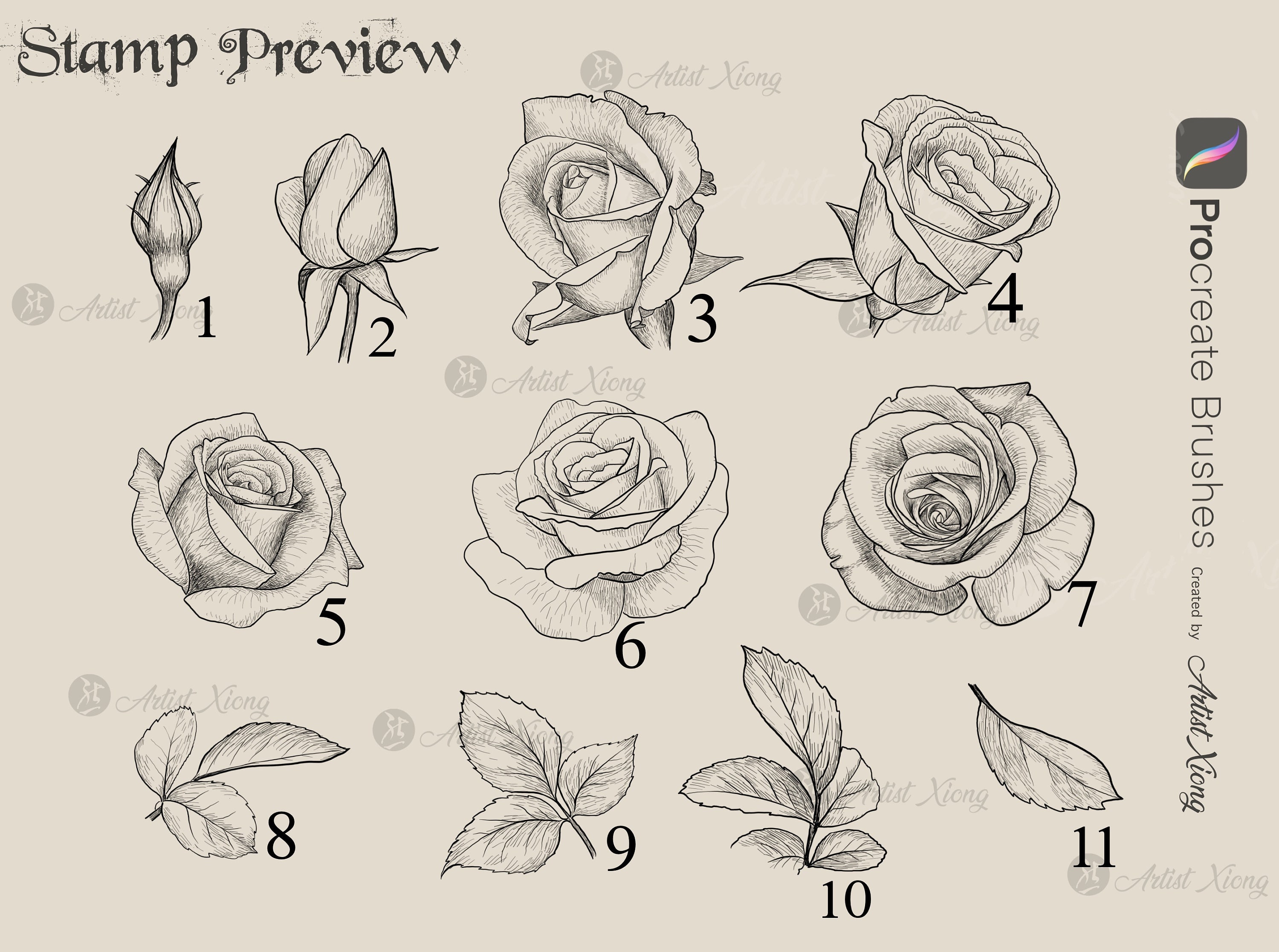 Realistic Roses and Designs Stamp Brushes for Procreate - Etsy