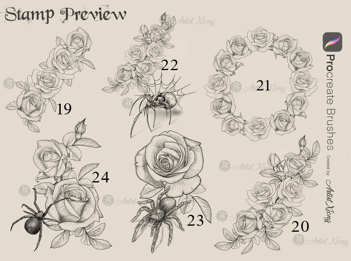 Realistic Roses and Designs Stamp Brushes for Procreate - Etsy