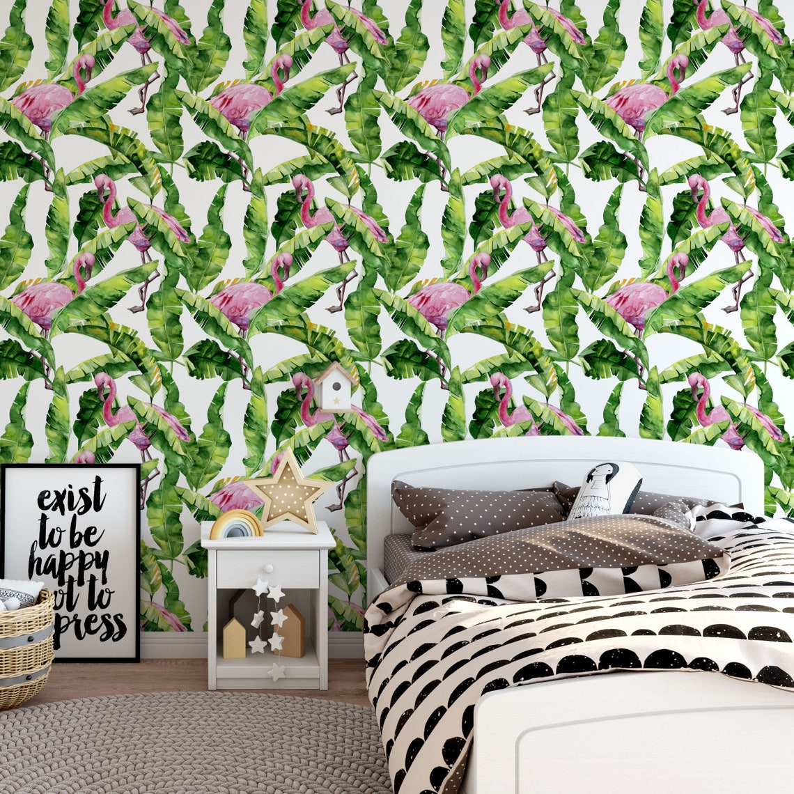 Flamingo Peel And Stick Wallpaper Green Leaf Temporary Etsy