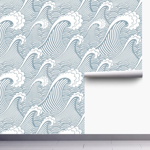Japanese Style Blue Waves Peel and Stick Wallpaper Home Decor Etsy