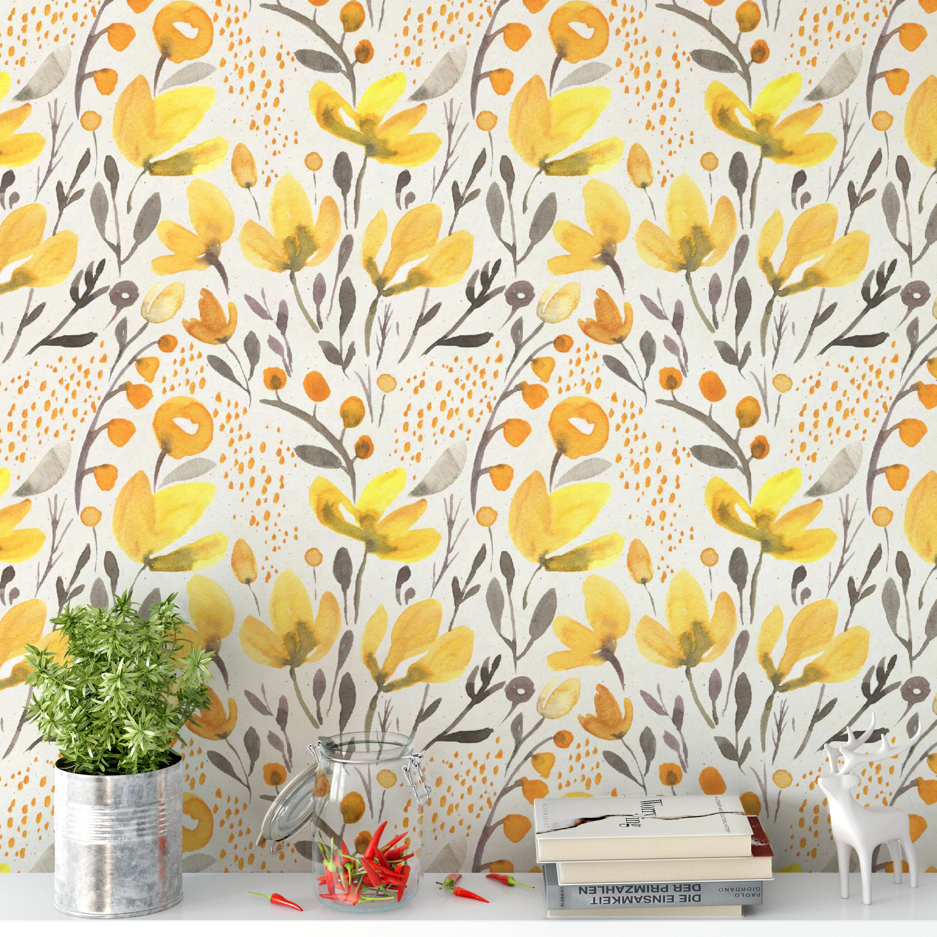 Hand Painted Yellow Flowers Peel And Stick Wallpaper Removable | Etsy