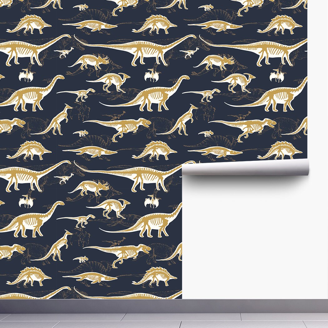 Yellow Dinosaur Black Background Peel And Stick Wallpaper | Etsy