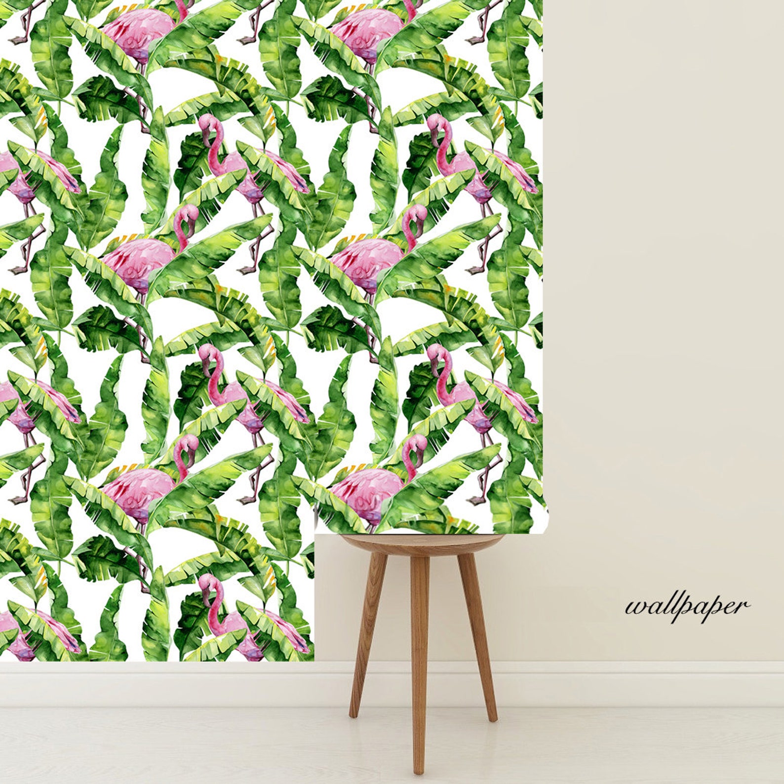 Flamingo Peel And Stick Wallpaper Green Leaf Temporary | Etsy