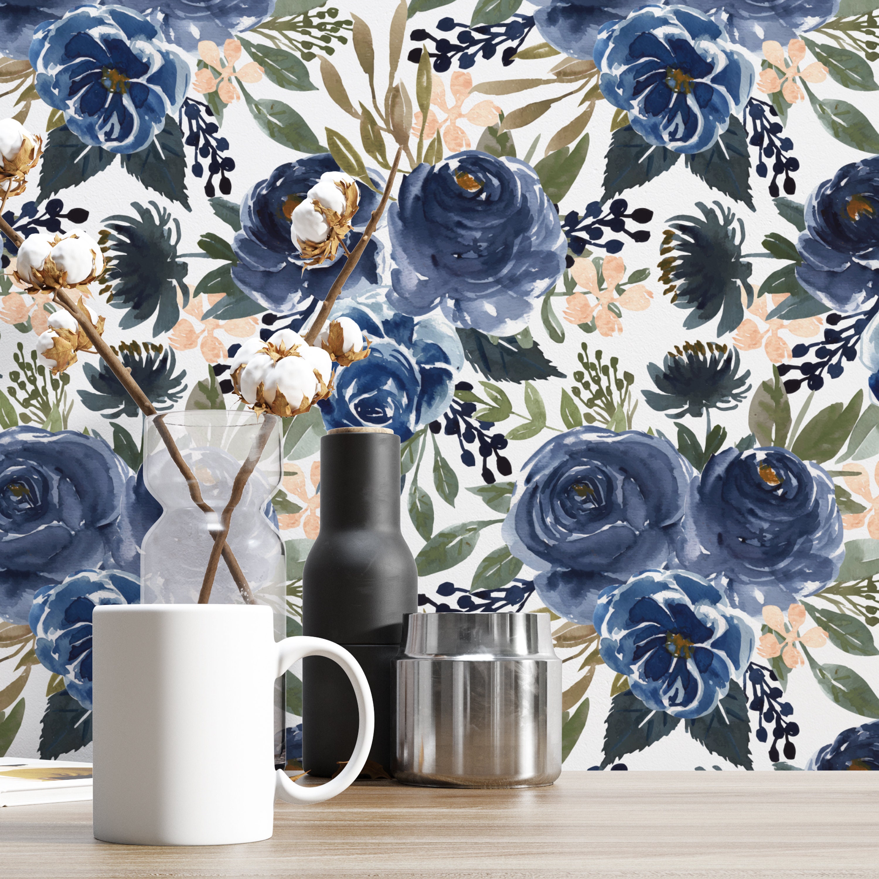 Watercolor Floral Navy Blue Peel and Stick Wallpaper Temporary - Etsy