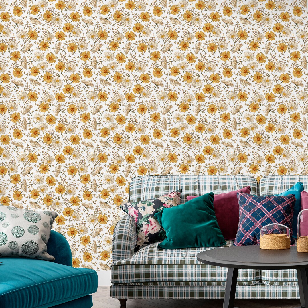 Retro Daisy White Flower Peel and Stick Wallpaper Yellow Floral