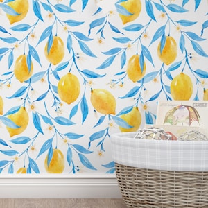 Beautiful Hand Drawn Watercolor Lemons And Blue Leaves Peel And Stick Wallpaper Removable Wallpaper Self Adhesive Contact Paper Wall Decor