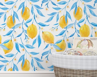 Beautiful Hand Drawn Watercolor Lemons And Blue Leaves Peel And Stick Wallpaper Removable Wallpaper Self Adhesive Contact Paper Wall Decor