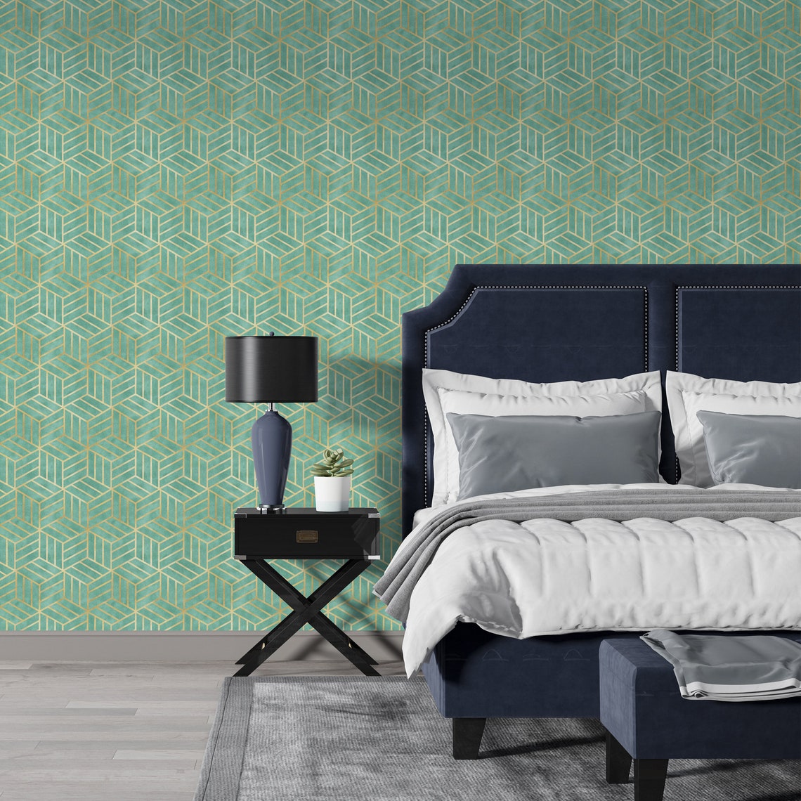 Gold Geometry Hexagon Peel and Stick Wallpaper Green | Etsy