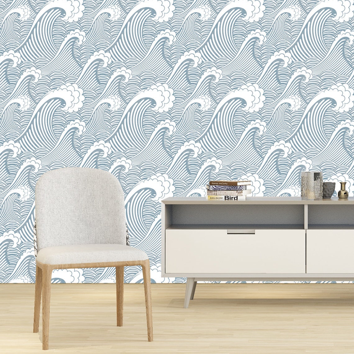 Japanese Style Blue Waves Peel and Stick Wallpaper Home Decor Etsy
