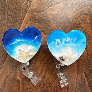 Ocean Heart Beach Badge Reel- Resin Ocean Badge Reel- Heart- Epoxy Geode Badge Holder- Nurse Badge Reel- Resin Art- Ocean- Stocking- Gifts