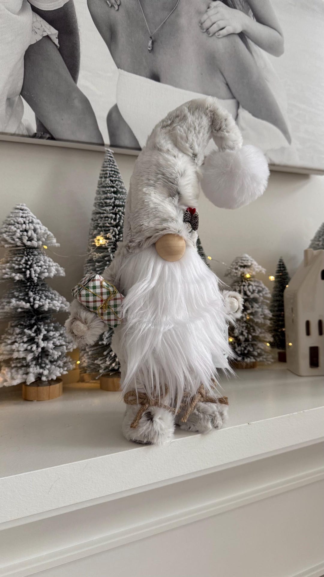 Tall Holiday Gnome Large Standing Gnome Stylish White Furry Gnome
