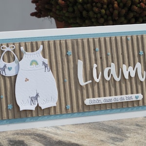 Karte zur Geburt - personalisiert mit Name - Boho Strampler - Rauchblau - Junge -individuell - mit Liebe gemacht