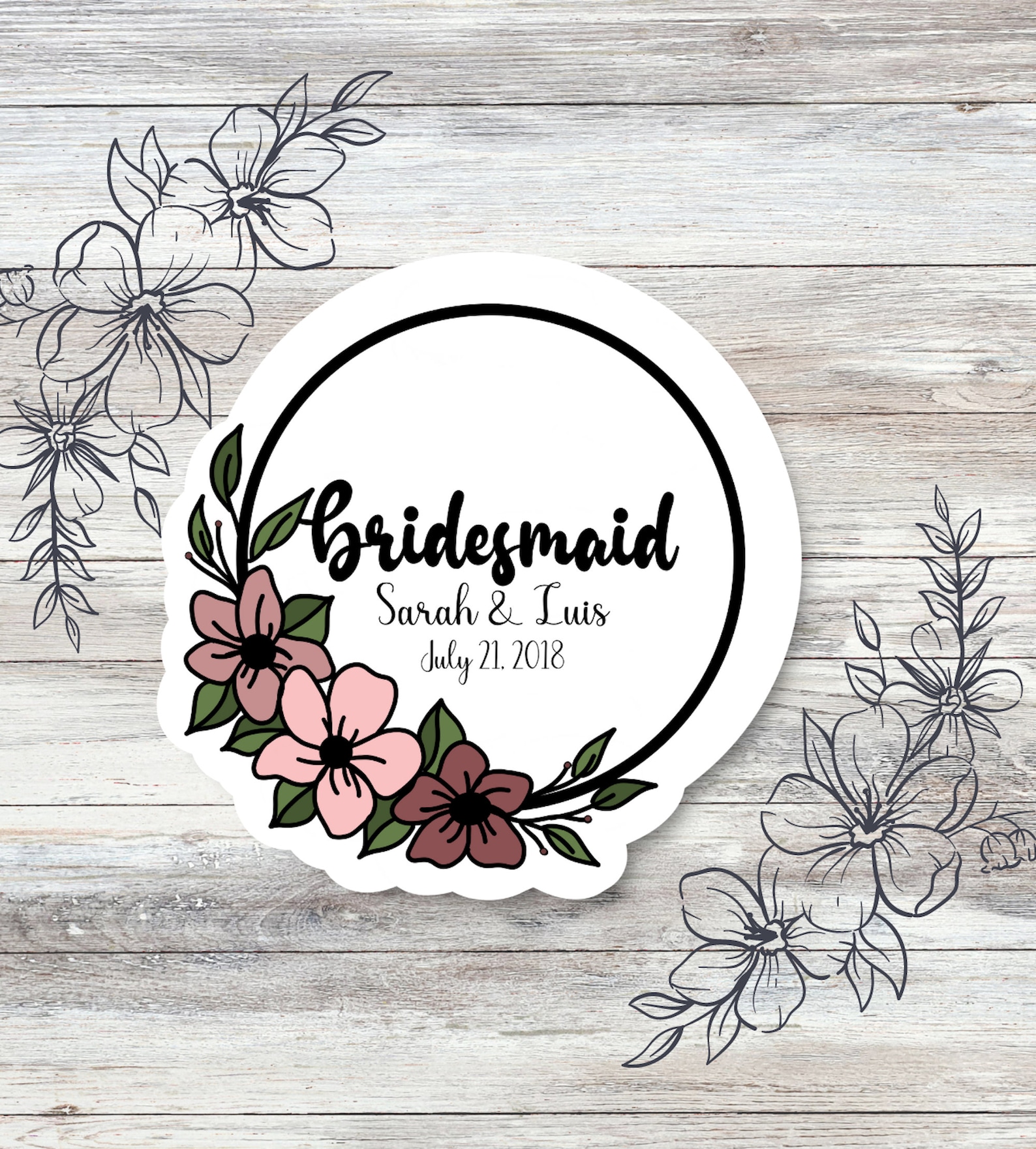 Personalized Bridesmaid Floral Wedding Waterproof Vinyl Sticker for ...