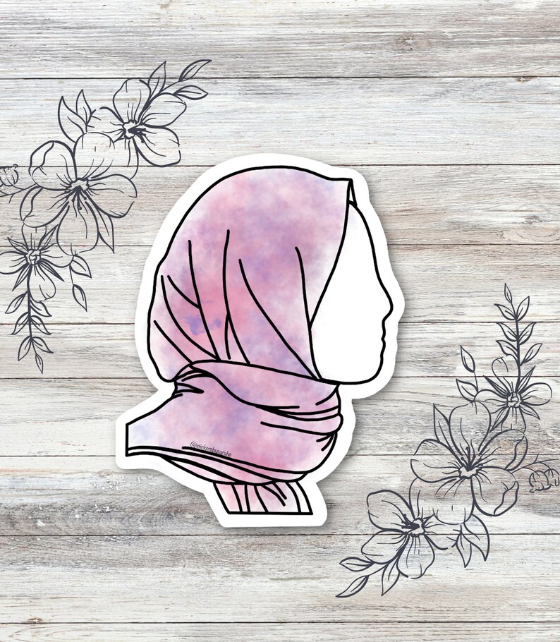 May include: A pink and purple watercolour illustration of a woman wearing a headscarf. The illustration is outlined in black and has a white background.