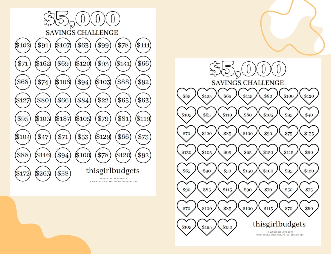 5K Savings Challenge Printable 52 Week Savings Challenge - Etsy