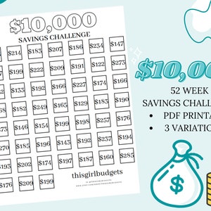 10K Savings Challenge Printable | 52 Week Savings Challenge + Tracker