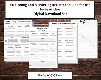 Könnte beinhalten: Ein druckbarer digitaler Download-Satz für Indie-Autoren mit drei Arbeitsblättern: "Veröffentlichung: Ein detaillierter Leitfaden", "Marketing: Werbekampagnen" und "Veröffentlicht: Schnellreferenz-Tracker". Die Arbeitsblätter sollen Autoren dabei helfen, ihre Veröffentlichungs- und Marketingaktivitäten zu verfolgen.
