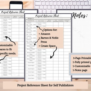 May include: A printable project reference sheet for self-publishers. The sheet includes sections for project details, book format, royalty rates, publication dates, and changes in sales. The sheet also includes a notes section with a grid pattern.