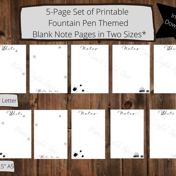 Fountain Pen Theme Note Pages | Digital Download | Notes | Planner Page Printables | Inserts |Fountain Pen| Writers| Stationary| A5| Letter