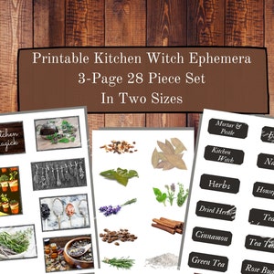 May include: Printable kitchen witch ephemera set with 28 pieces in two sizes. The set includes images of herbs, spices, flowers, and other natural ingredients. The text on the labels reads "Kitchen Magick", "Mortar & Pestle", "Kitchen Witch", "Flowers", "Natural", "Herbs", "Dried Herbs", "Cinnamon", "Green Tea", "Houseplants", "Tea", "Tea Time", and "Rose Buds".